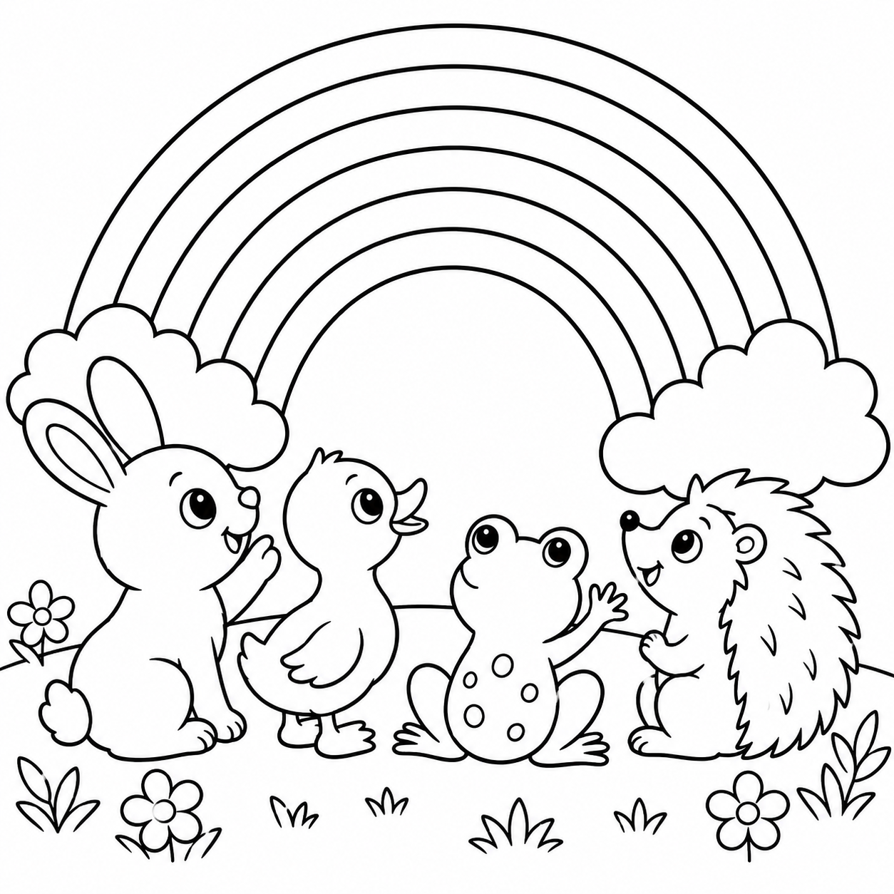 Rainbow with animals coloring page — free printable rainbow coloring page with cute animals for kids.